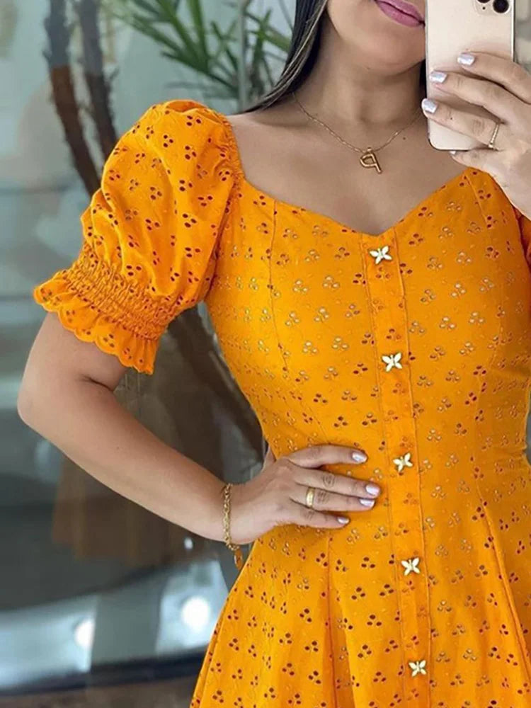 Puffed Sleeve Hollow Out Dress Women V Neck Daily Sweet Summer Dress