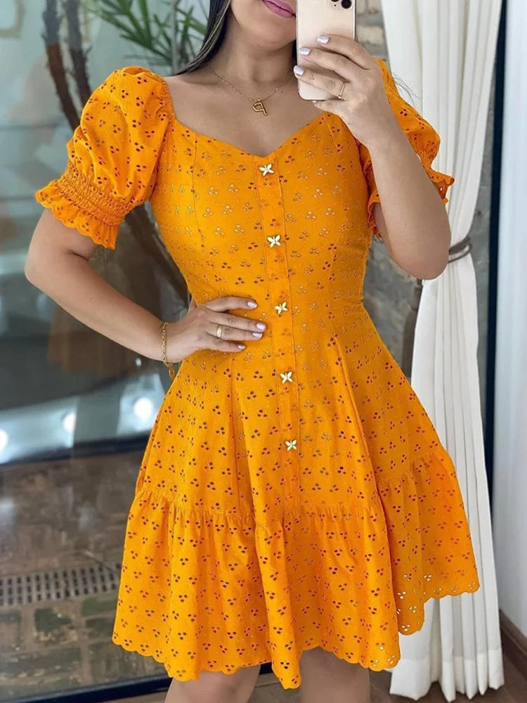 Puffed Sleeve Hollow Out Dress Women V Neck Daily Sweet Summer Dress