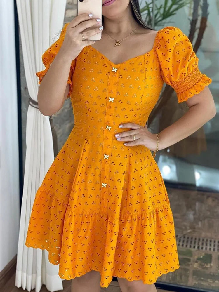 Puffed Sleeve Hollow Out Dress Women V Neck Daily Sweet Summer Dress